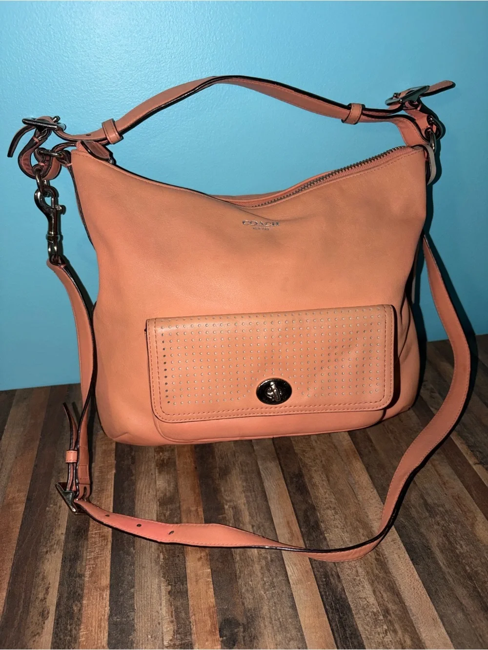 Coach Coral Leather Legacy Perforated Courtenay Bag with Tassel Accent